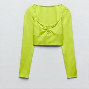 Zara lime green long sleeve ribbed cropped top NWT